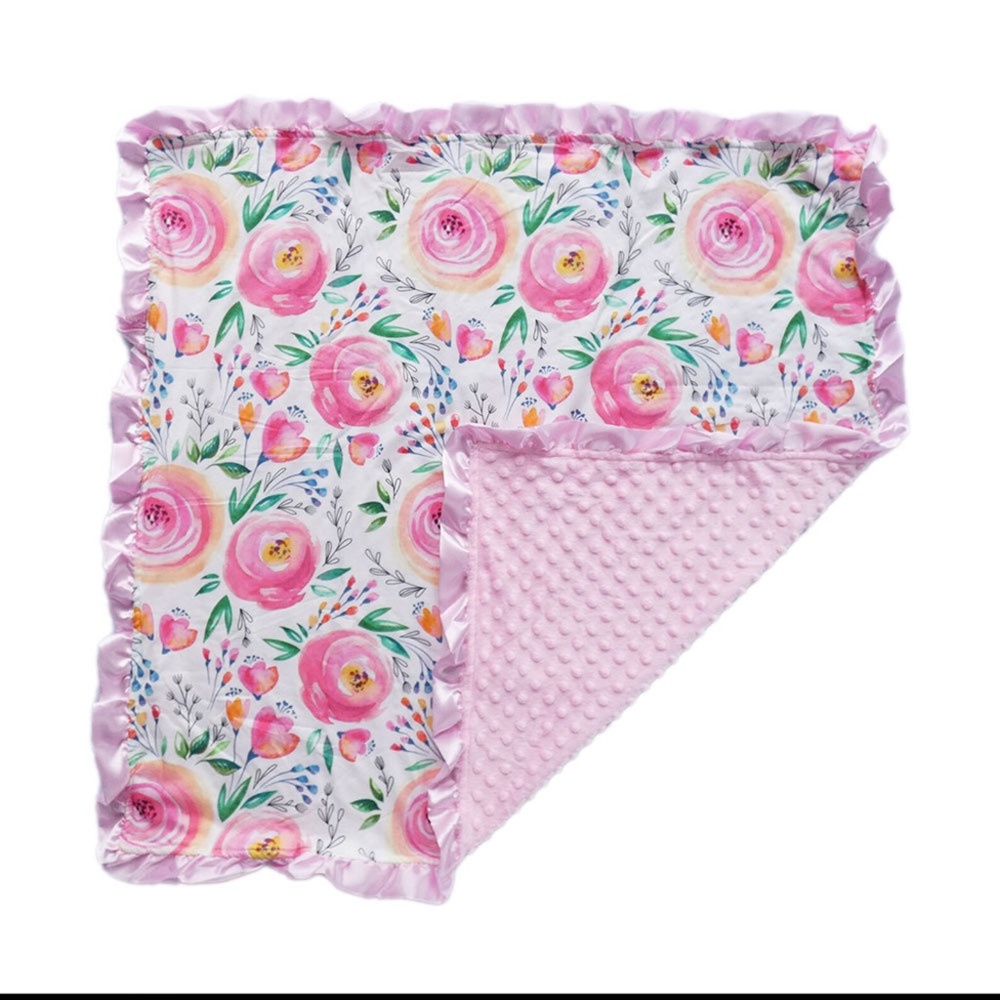 Pink Flower Minky Nonni Blanket w/ Toy Tether